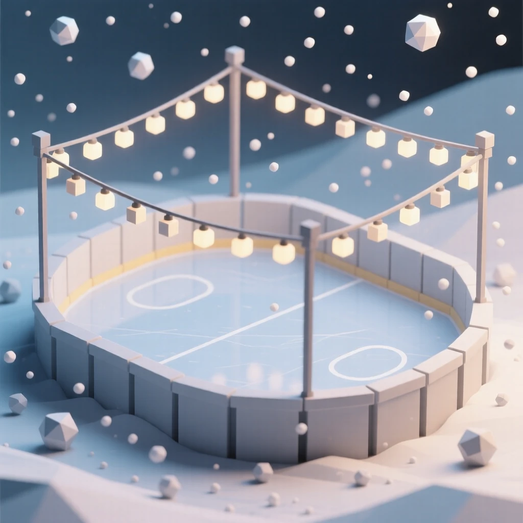 A winter ice-skating rink glowing under string lights, as snow gently falls. warm glowing lights create a festive ambiance. The atmosphere radiates warmth and cheer.