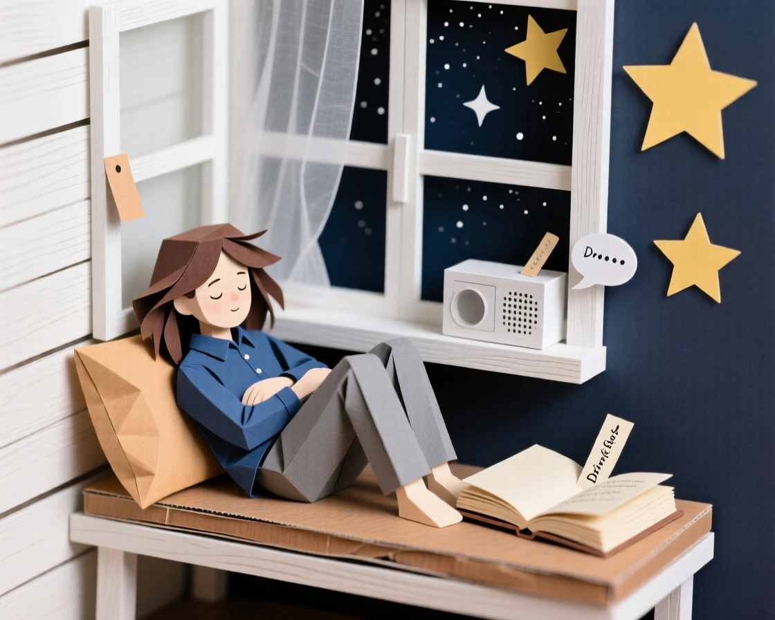 A passionate stargazer curled up in a window nook, with soft music playing in the background, evoking creative passion and focus.