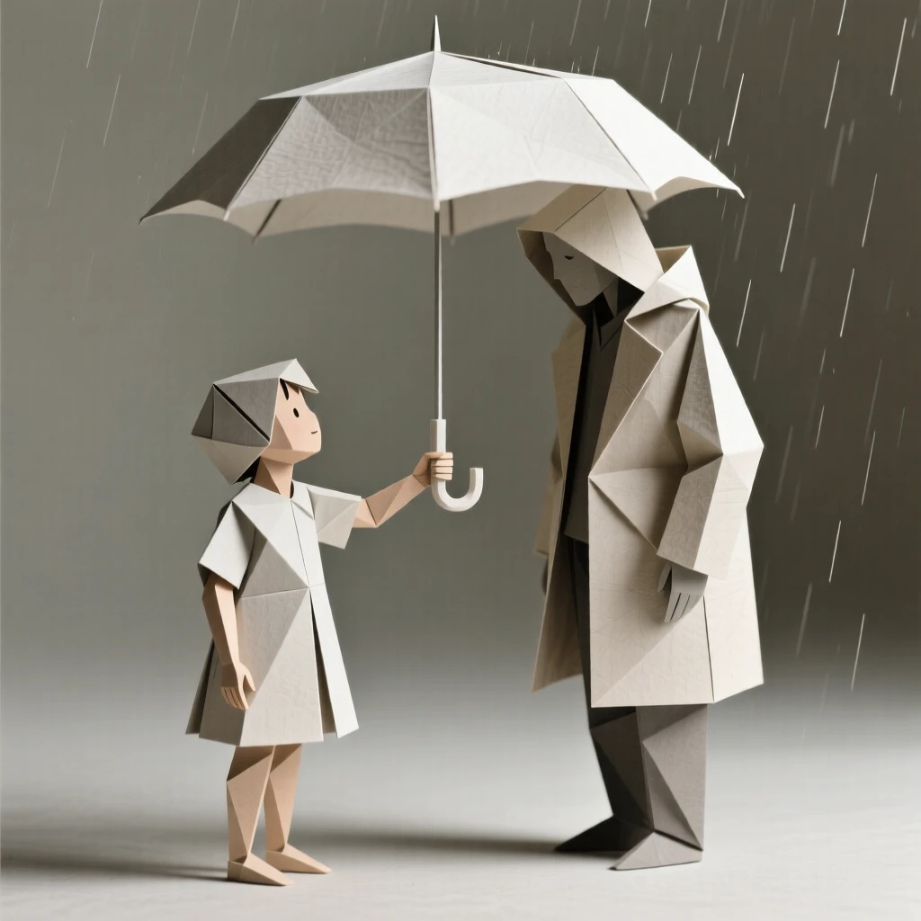 A child giving their umbrella to a stranger caught in the rain.