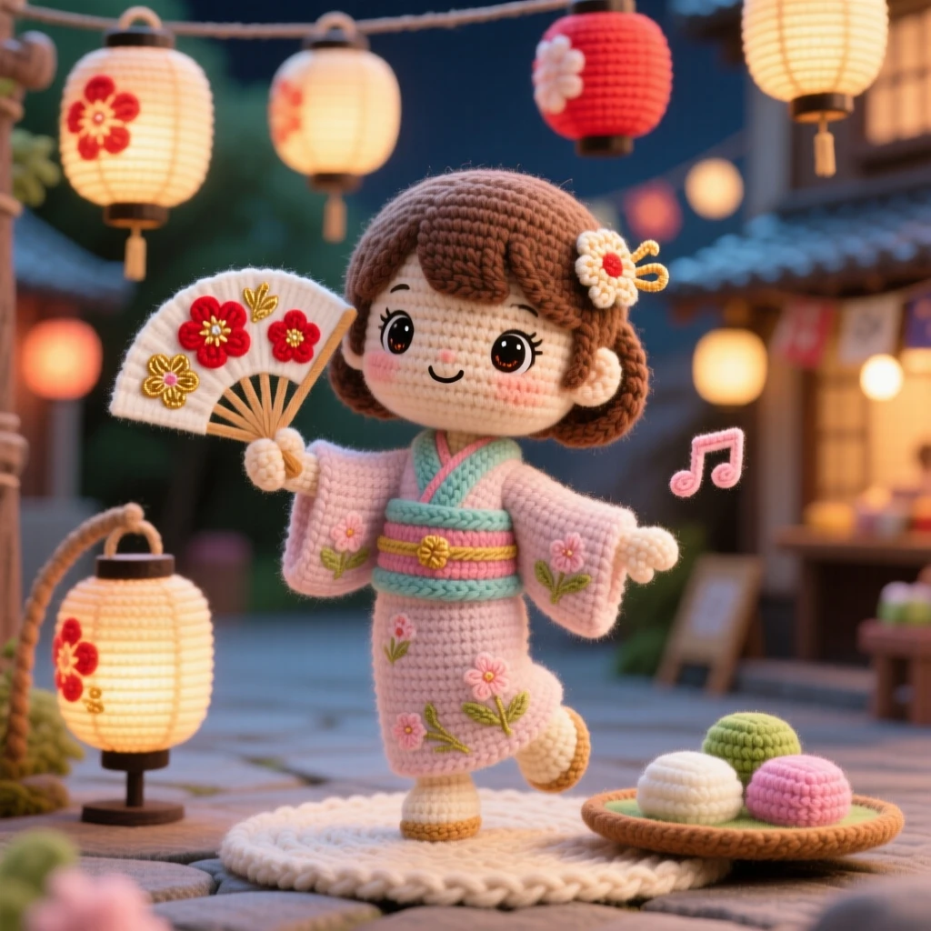 a little girl holding a small paper fan for a summer dance, with a bright painted design, moving gracefully to festival music, at a lantern-lit village square, with a small tray of traditional sweets nearby, radiating the cheerful spirit of a beloved tradition.