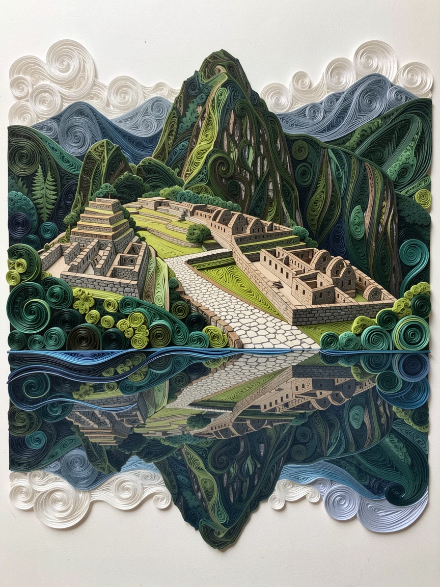 A breathtaking view of Machu Picchu perched among green Andean peaks beside a quiet cobblestone street, with soft mist drifting through the scene, shown reflected symmetrically in calm water below.