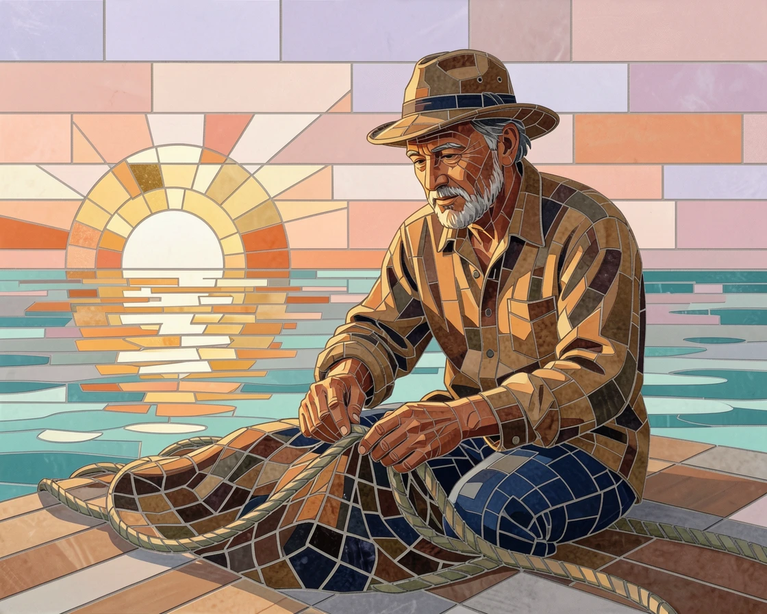 A warm, expressive portrait of a fisherman mending his nets at sunrise on a quiet harbor dock, with soft natural lighting and rich emotional detail.
