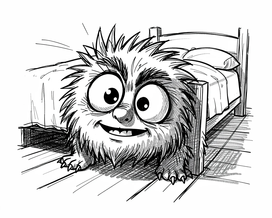 A fuzzy monster with big round eyes hiding under a bed on a porch during a summer evening.