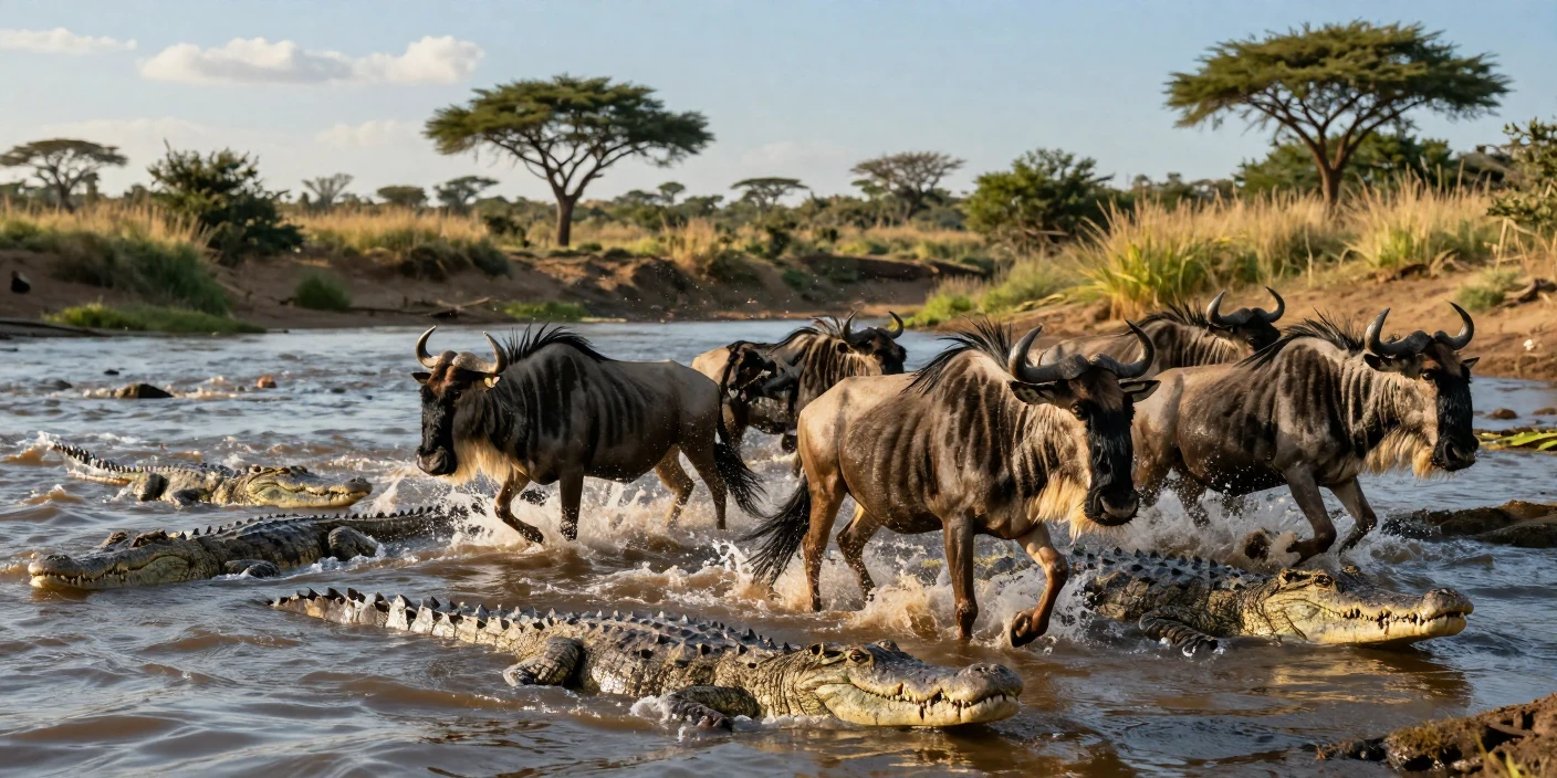 A wildebeest migration crossing a crocodile-filled river