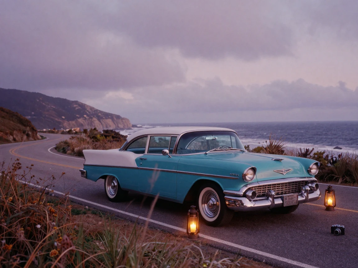 A vintage road trip car parked along a scenic coastal highway, under flickering candlelight, with a soft breeze stirring the air, in the mild days of early autumn, in dusty lavender and rose tones, captured from a low angle looking up.
