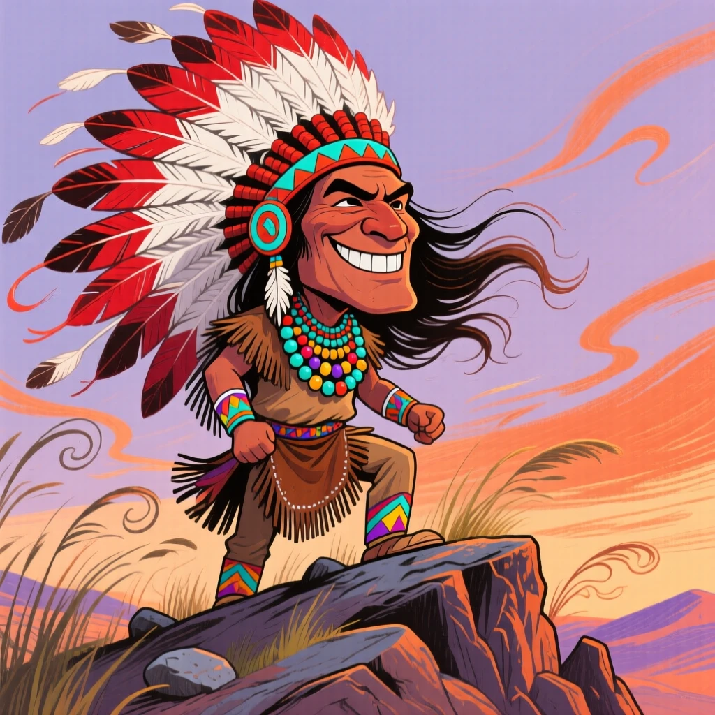 A Native American chief in ceremonial headdress standing proudly atop a windswept ridge.