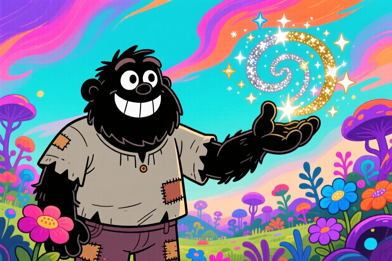 An imaginative fantasy scene of a friendly giant casting a swirl of glittering magic from an outstretched hand, under a sky painted with impossible colors.
