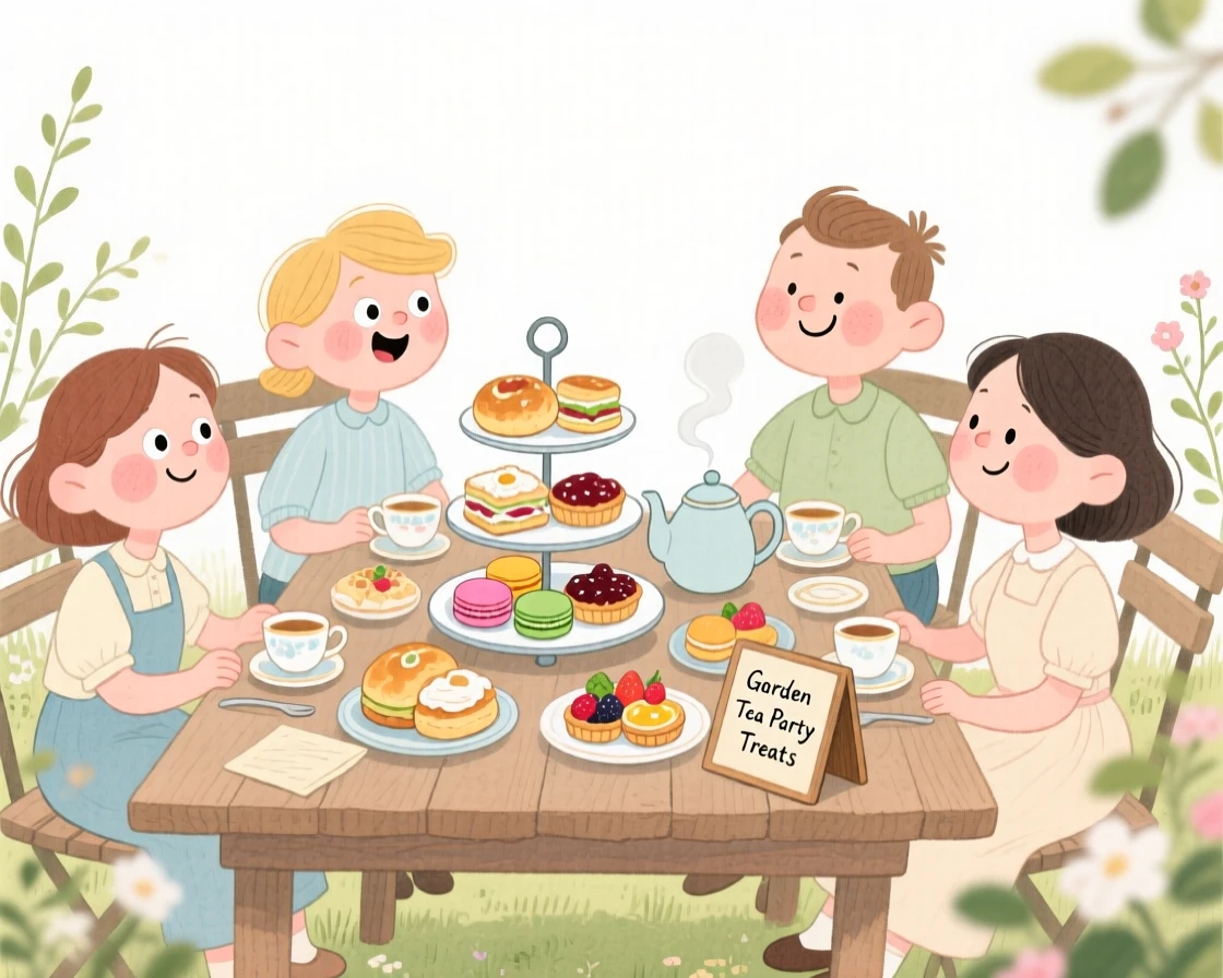 A cozy, appetizing, rustic and comforting scene of a garden tea party with tiered trays of pastries