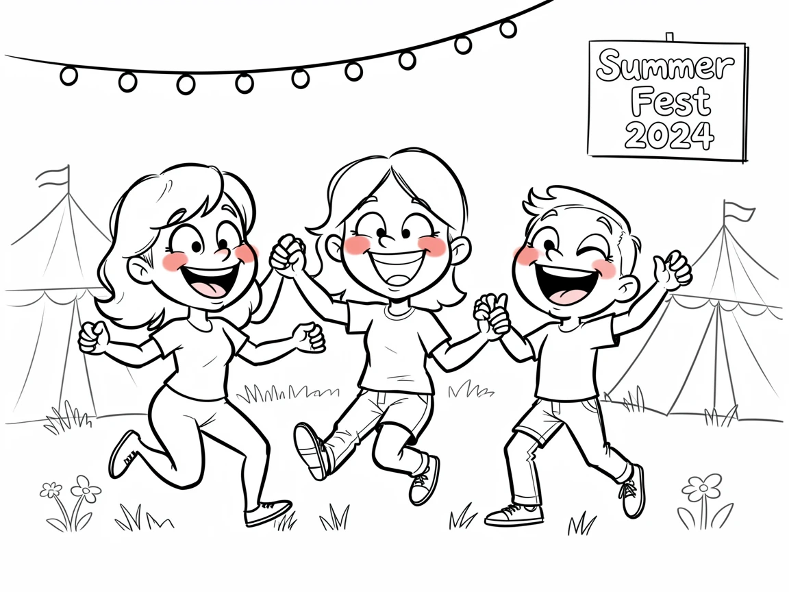 [Seasonal Holidays & Celebrations] Festive scene of a cozy family dancing together at an outdoor summer festival, full of celebration and joy