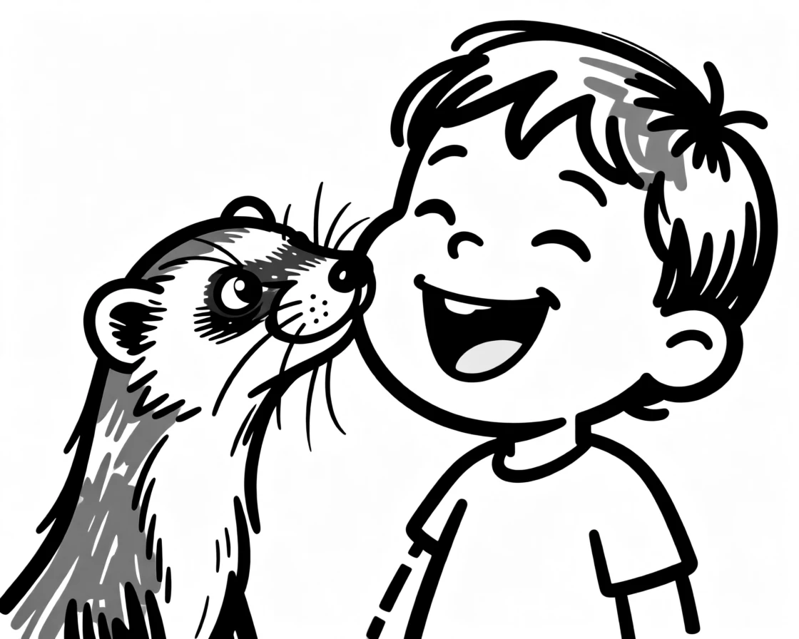 A ferret getting kissed on the head by a delighted toddler.