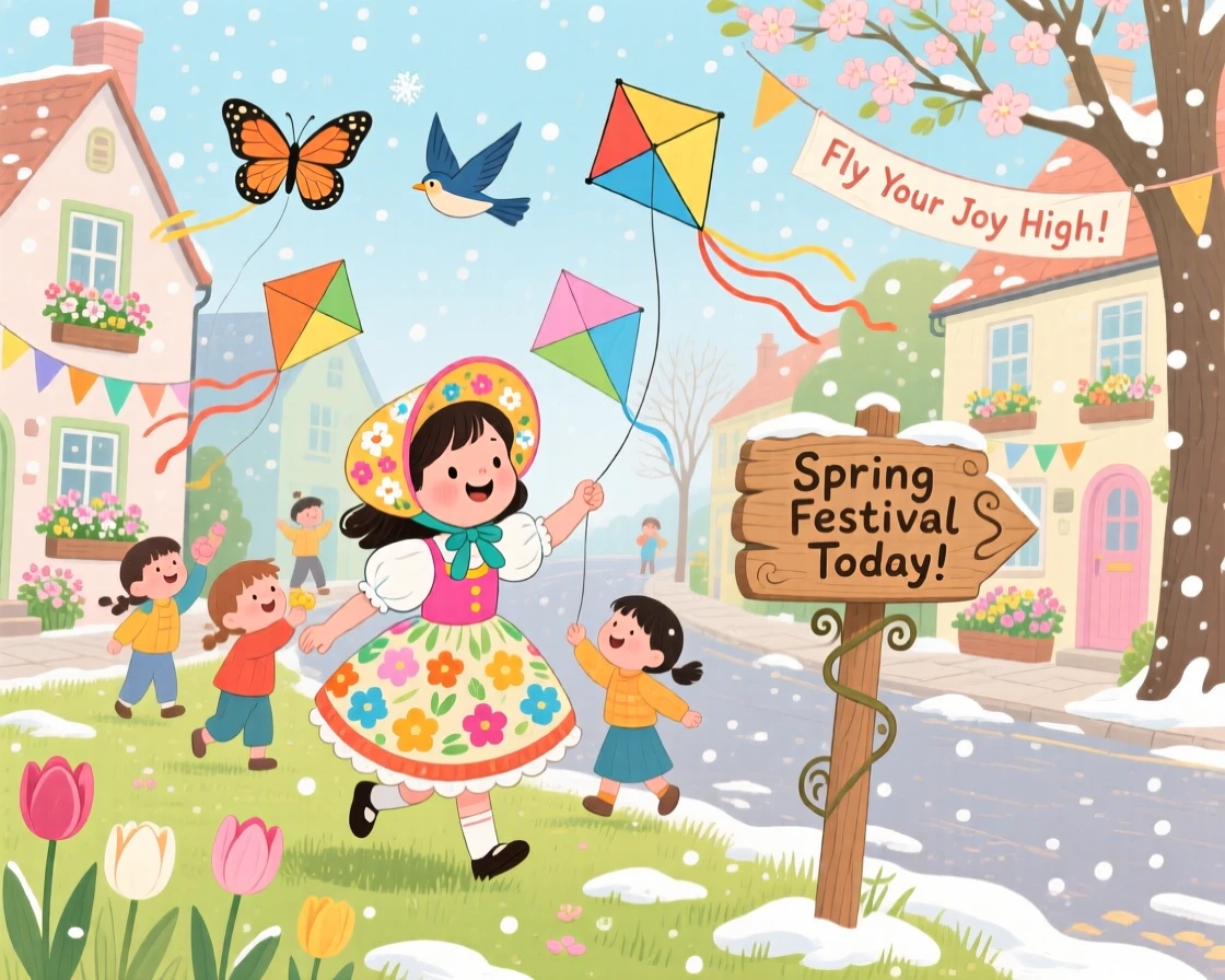 A little girl in a costume gather in a festive village street, flying kites at a spring festival, as snowflakes drift softly down.