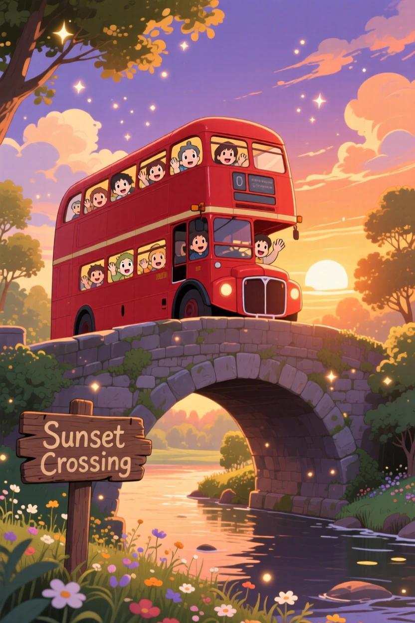 A charming scene of a red double-decker bus crossing a bridge at sunset, as passengers wave from open windows.