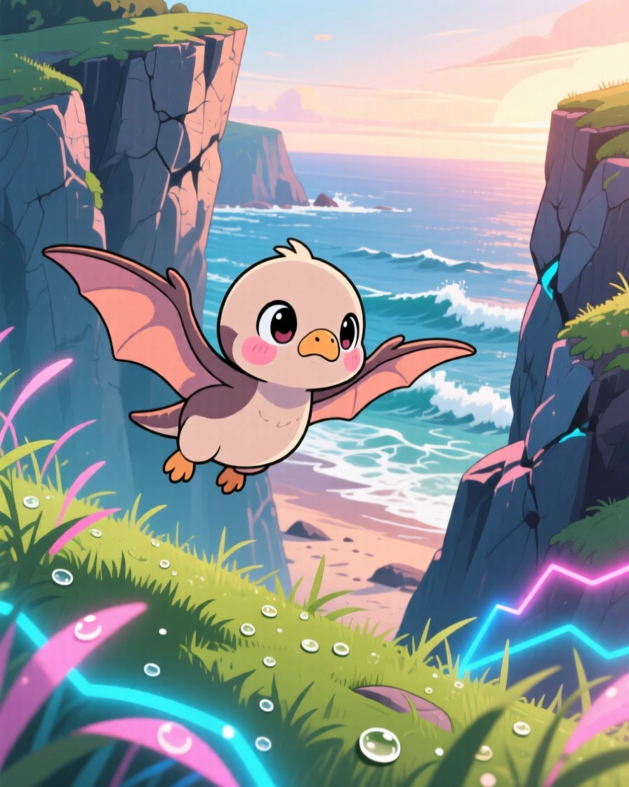 Dynamic diagonal composition: a baby pterodactyl, learning to glide between rocky cliffs, set against a dramatic prehistoric coastline as morning dew glistens on the grass, with neon-lit glow and a mood of shy bashfulness.