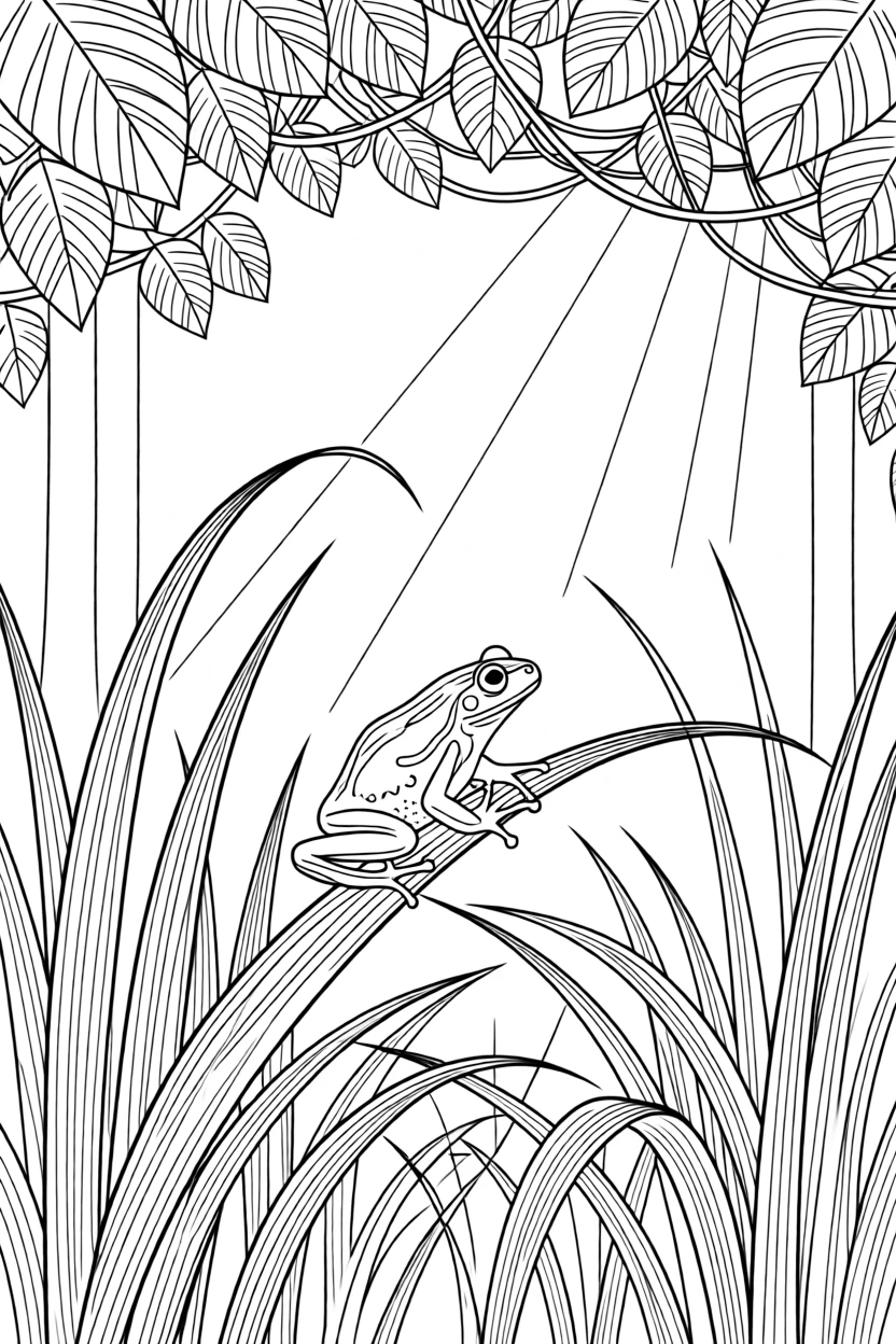 A dart frog standing in tall golden grass at dawn, with sunlight breaking through the canopy above.