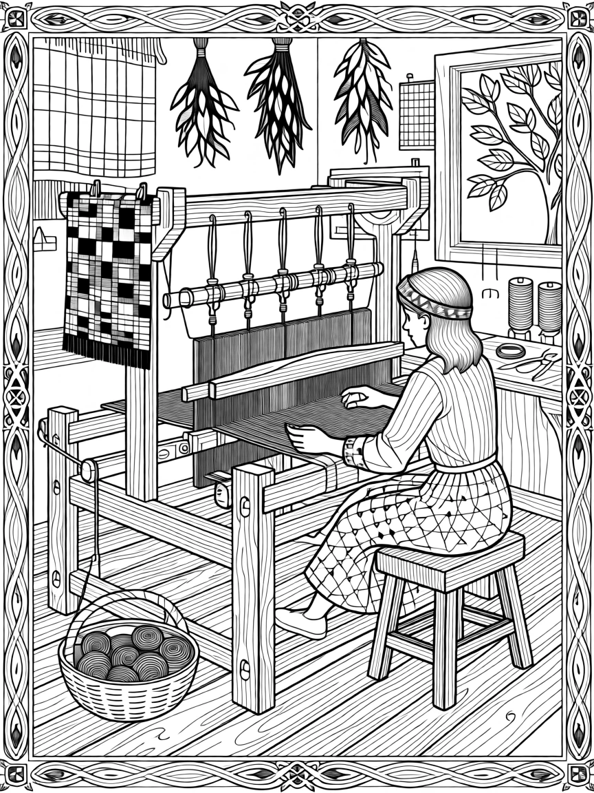 A tartan weaver working a large wooden loom.