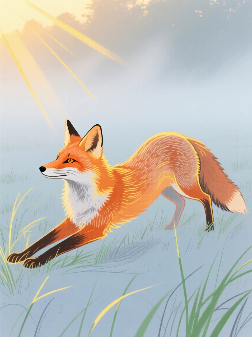 A curious fox stretching in the morning light in a misty morning field during golden hour.