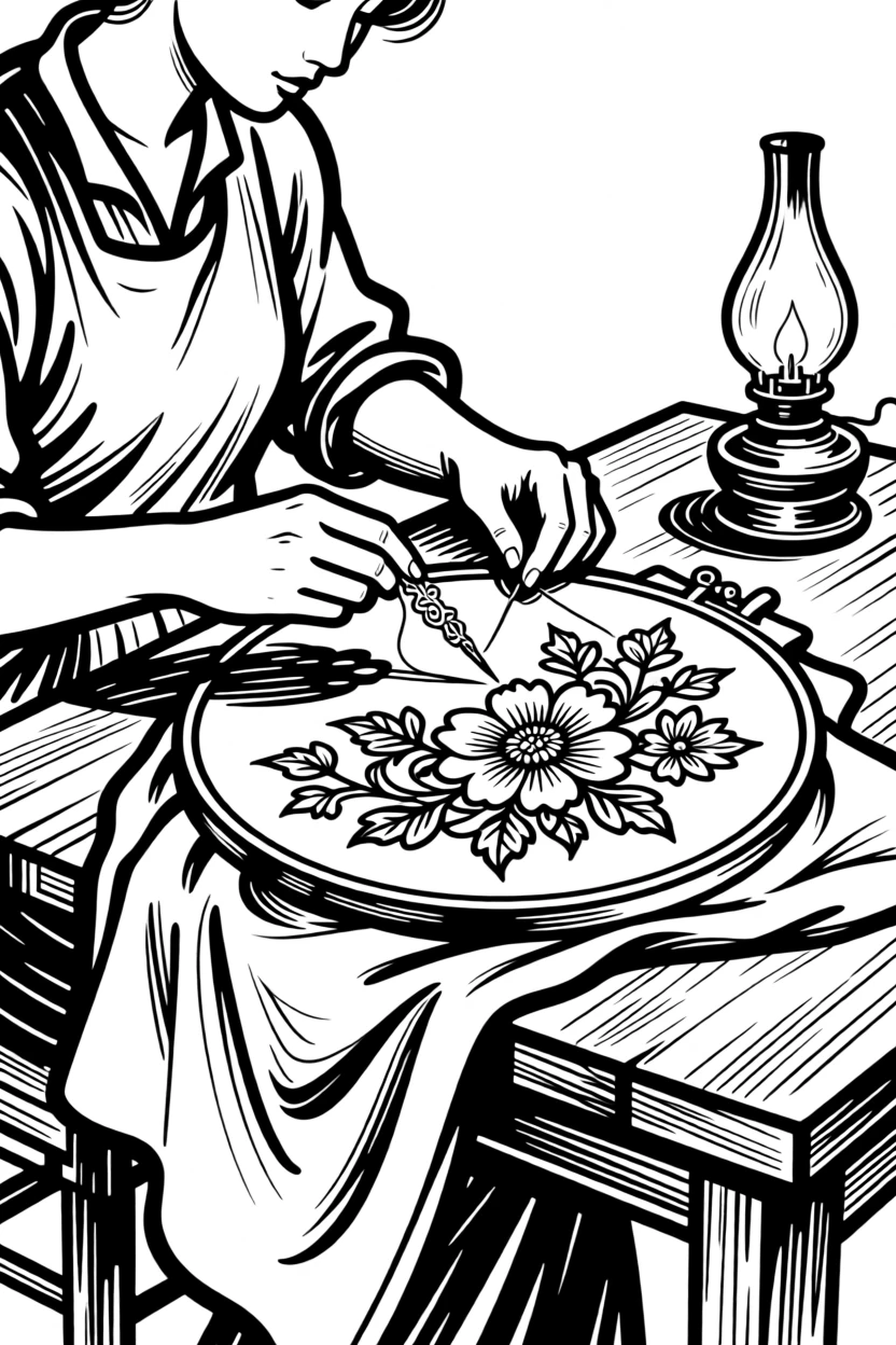 An embroiderer stitching a detailed floral pattern by lamplight.