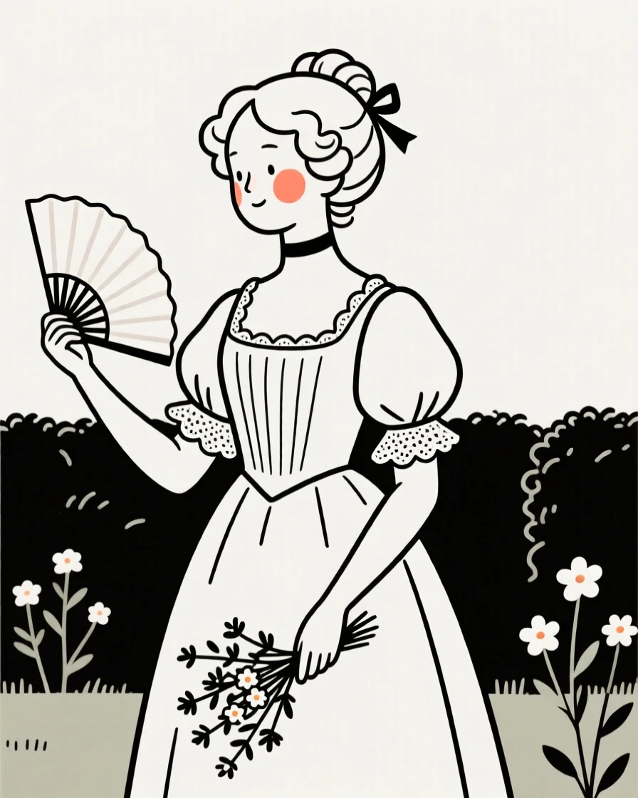 A regency-era debutante at a garden party, glowing with nostalgia.