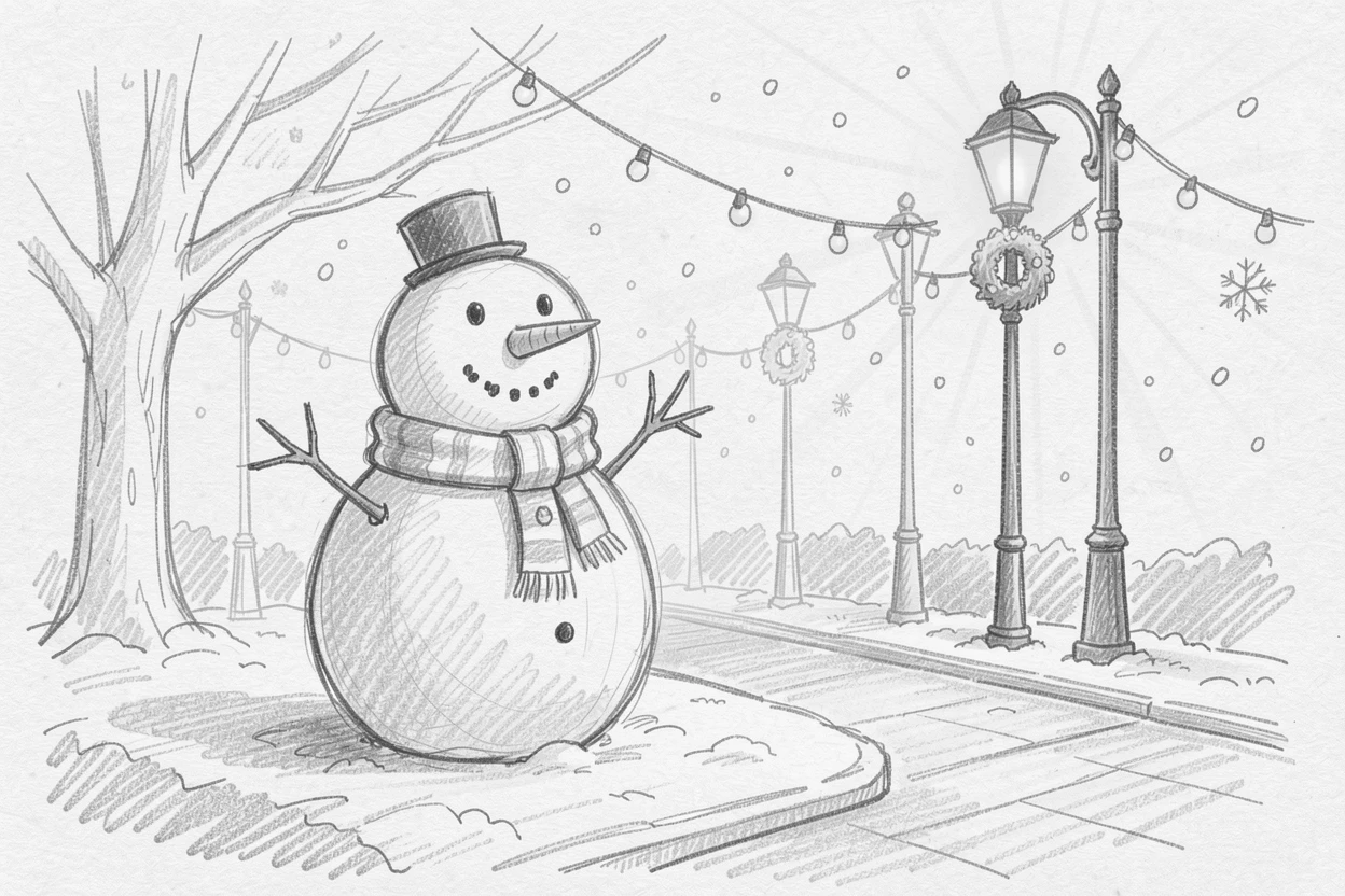 A festive scene of a snowman standing in a quiet snowy yard along a festively decorated street, with warm golden light everywhere.