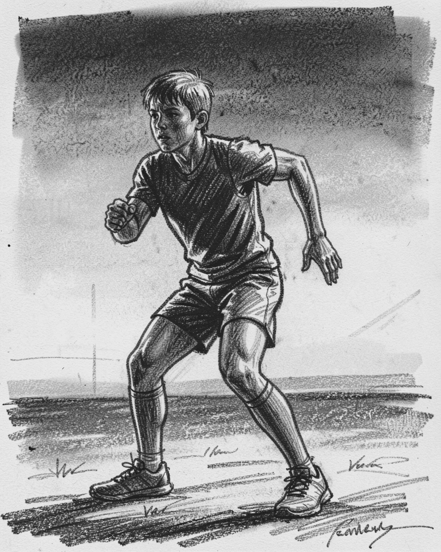 A young athlete training alone before sunrise, determined, under a clear blue midday sky.