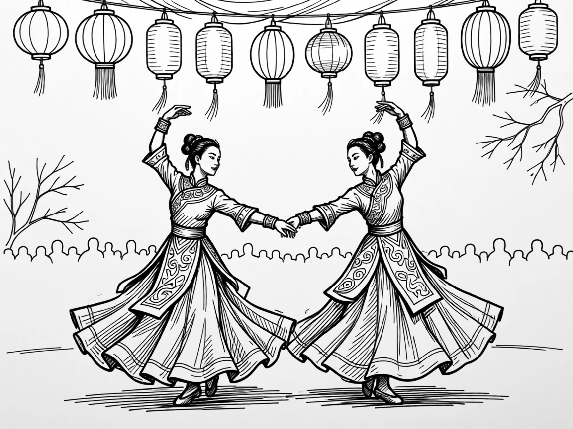 A colorful traditional dance performed beneath a canopy of hanging lanterns.