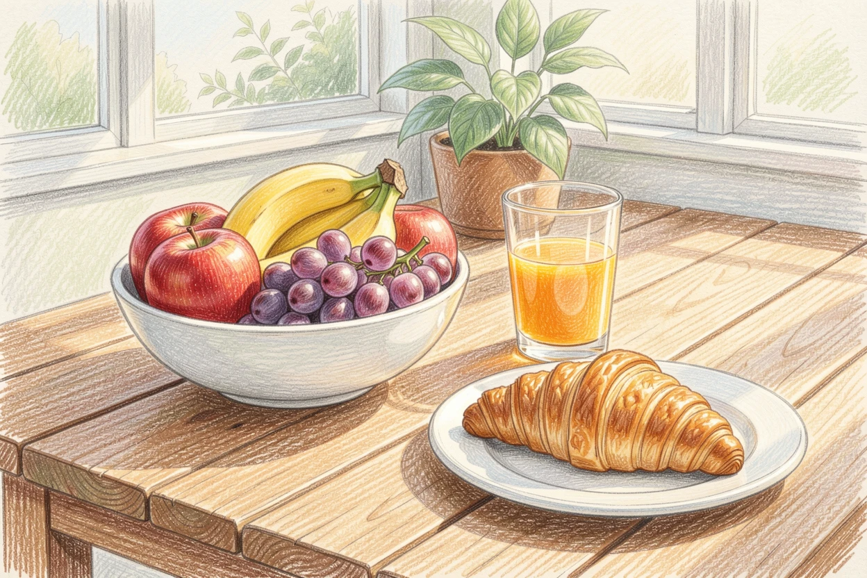 A sunroom breakfast table set with fresh fruit and orange juice, with a gentle play of light and shadow across the composition, radiating comfort, joy, and quiet beauty.