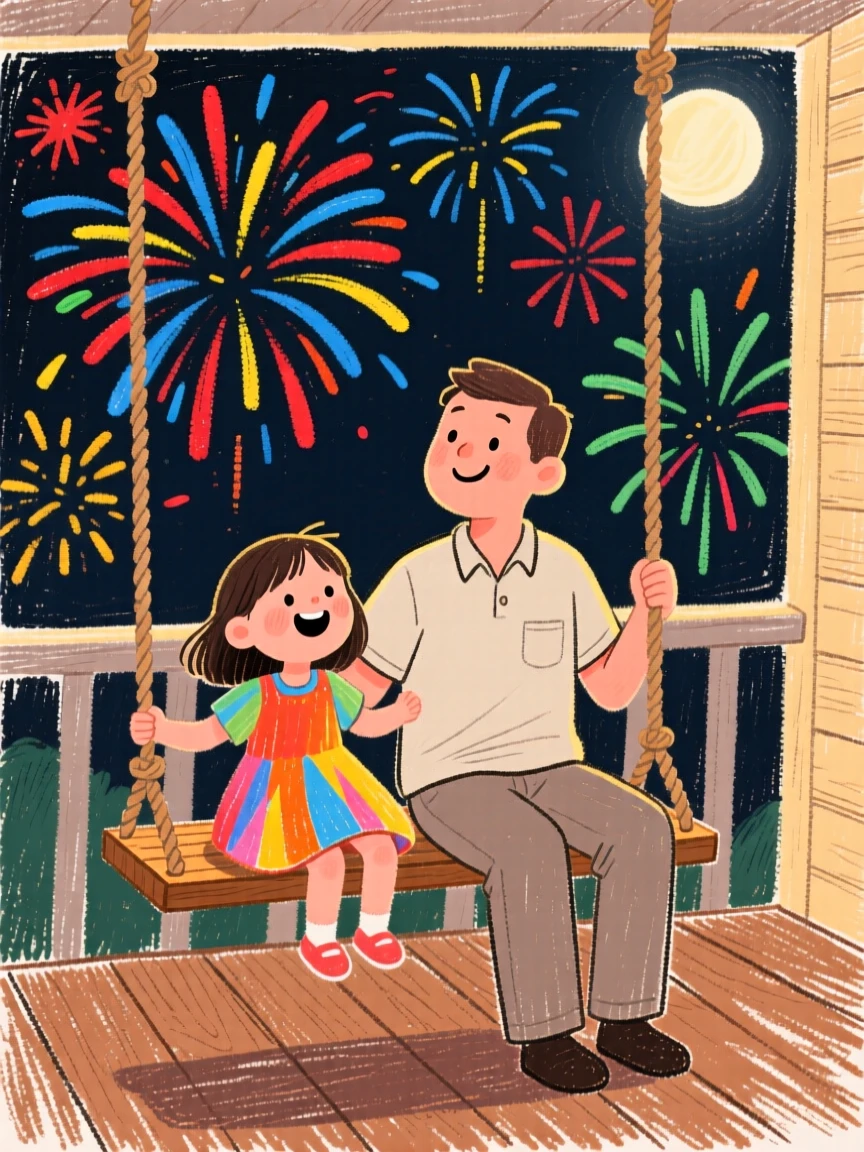 A father and daughter watching fireworks together from a porch swing.