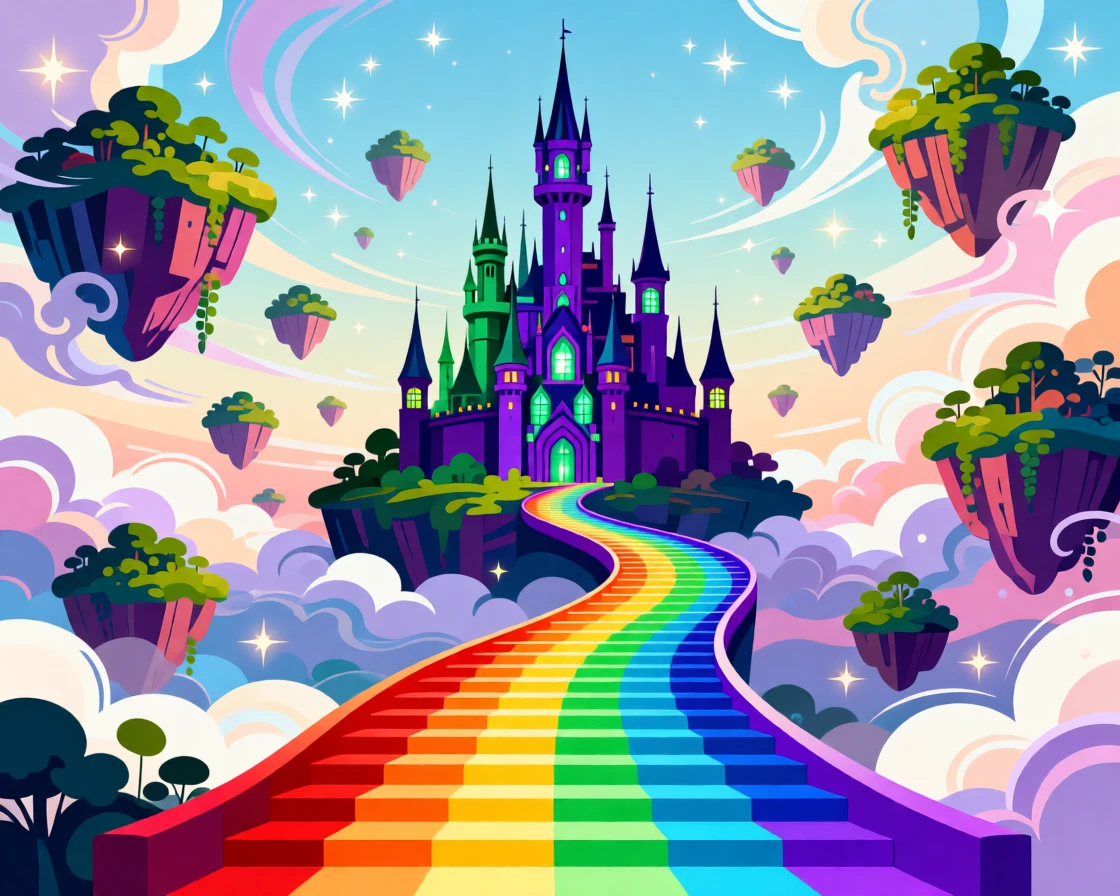 A castle in the clouds connected by a staircase of rainbow light, set within a dreamlike sky filled with floating islands, framed with a grand, sweeping sense of wonder and scale, with rich jewel tones that evoke wonder and imagination.
