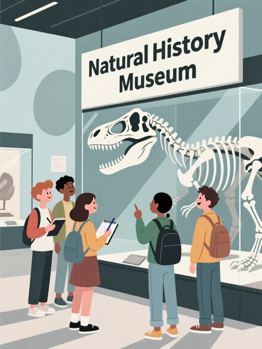 A group of students on a field trip exploring a natural history museum.