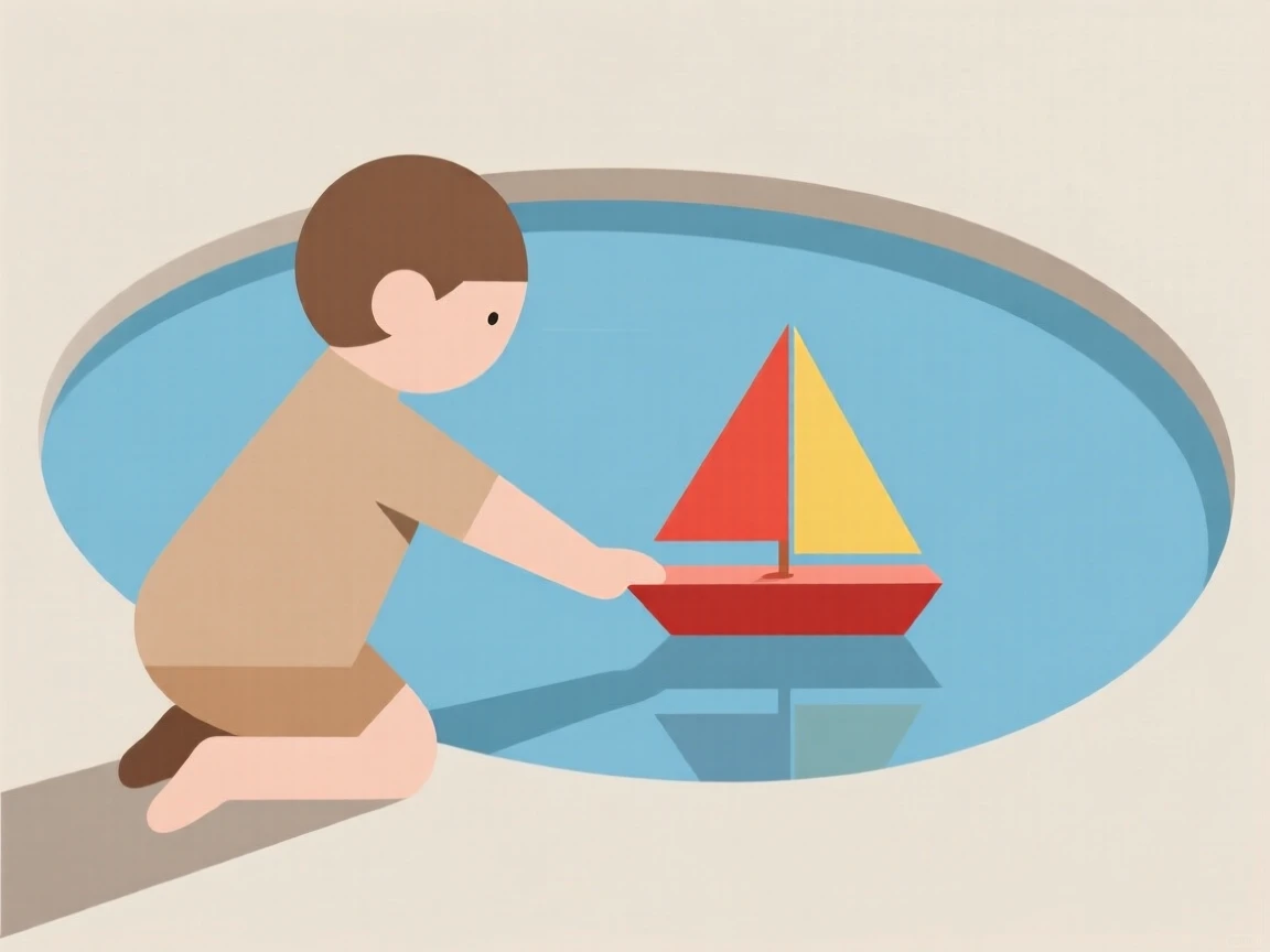 A child playing with a toy sailboat in a pond