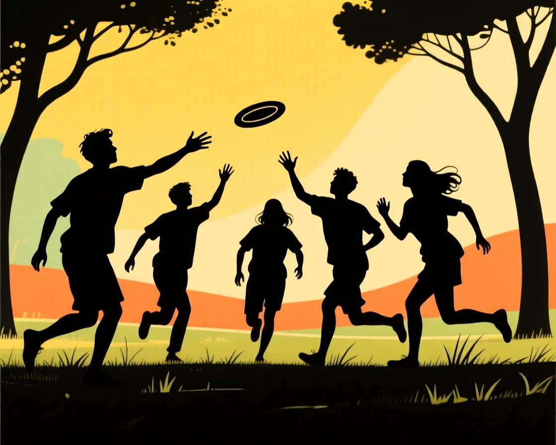 A group of friends playing a casual game of frisbee in a sunlit park.