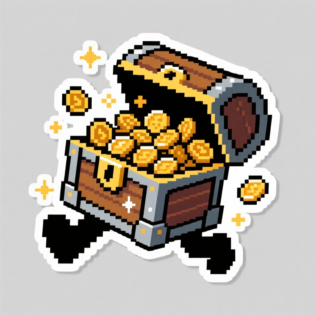 A dynamically posed 8-bit style treasure chest overflowing with gold coins, caught mid-action with dramatic energy, in an epic imaginary universe.