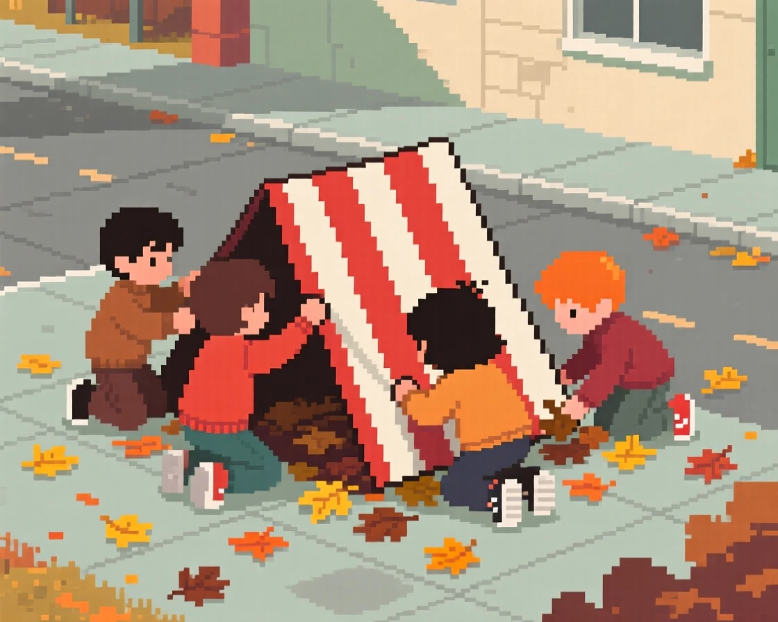 A group of children building a blanket fort surrounded by fallen leaves on a quiet street, in a schoolyard during recess.