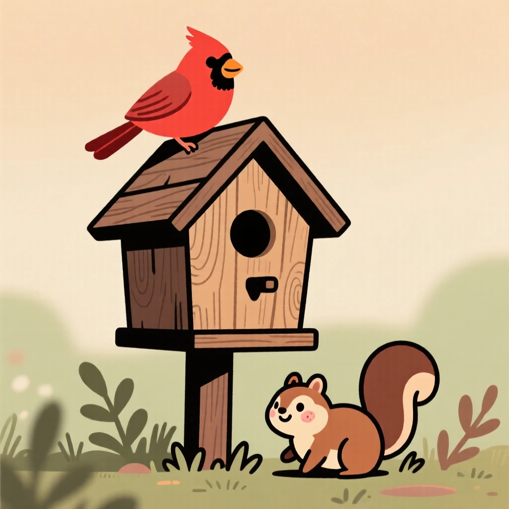 A cardinal perches on a wooden birdhouse, watching the garden below while a chipmunk moves quietly through the underbrush below.