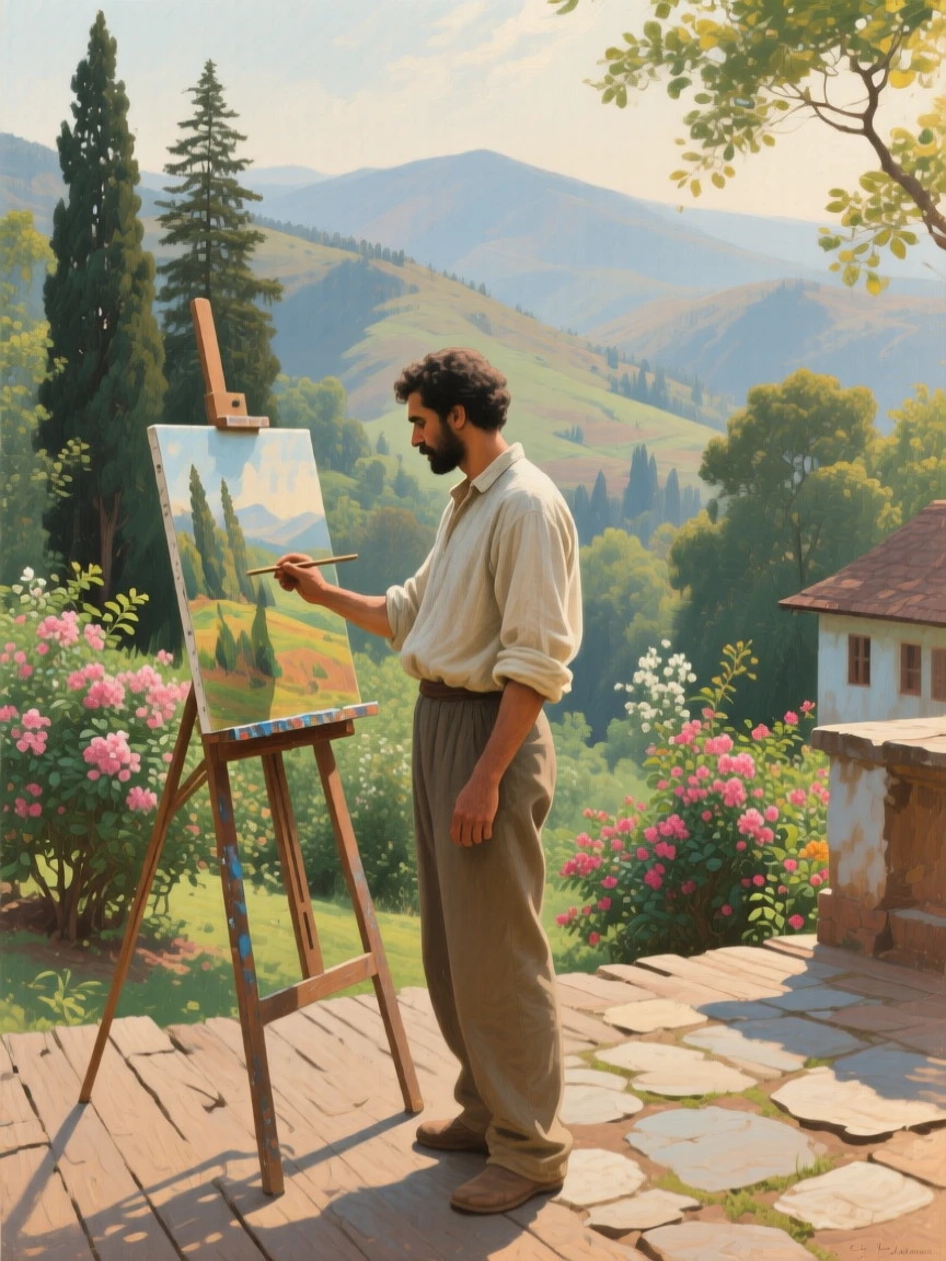 A medium shot of a painter standing before an easel in dappled sunlight, in an Indian hill station, in the height of summer.