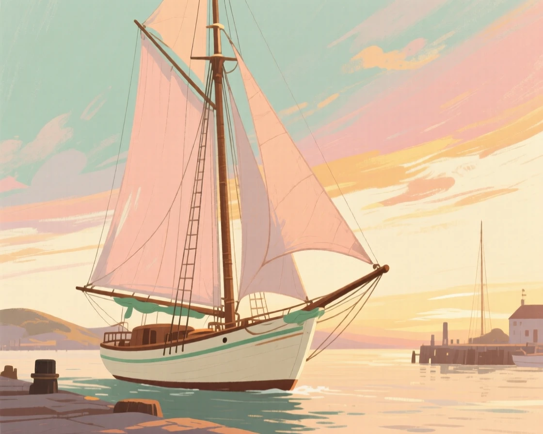 A schooner sailing into harbor beneath a colorful evening sky