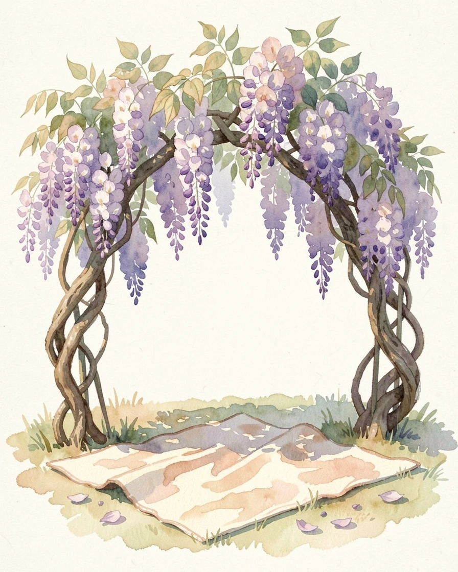 A climbing wisteria arbor on a picnic blanket with a few loose petals scattered nearby.