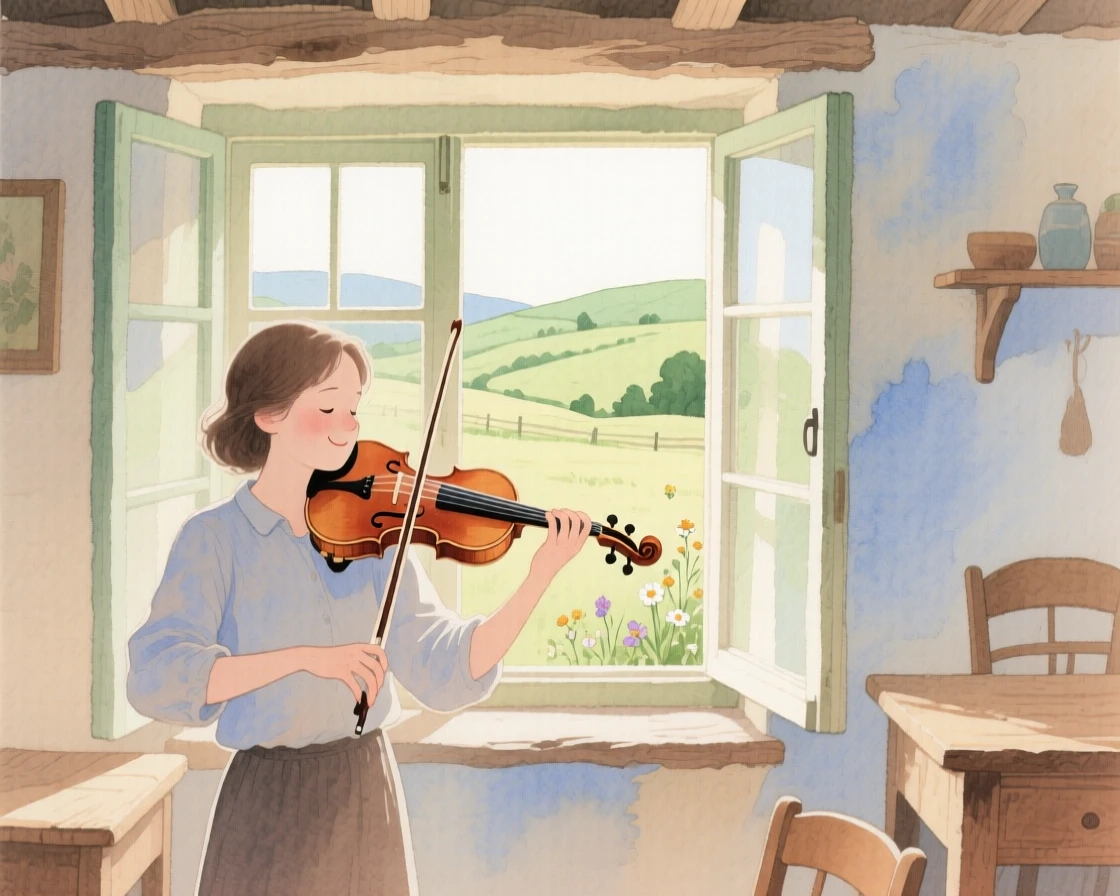 A peaceful scene of someone playing violin by an open window in a cozy countryside cottage, fully absorbed in a quiet, joyful moment