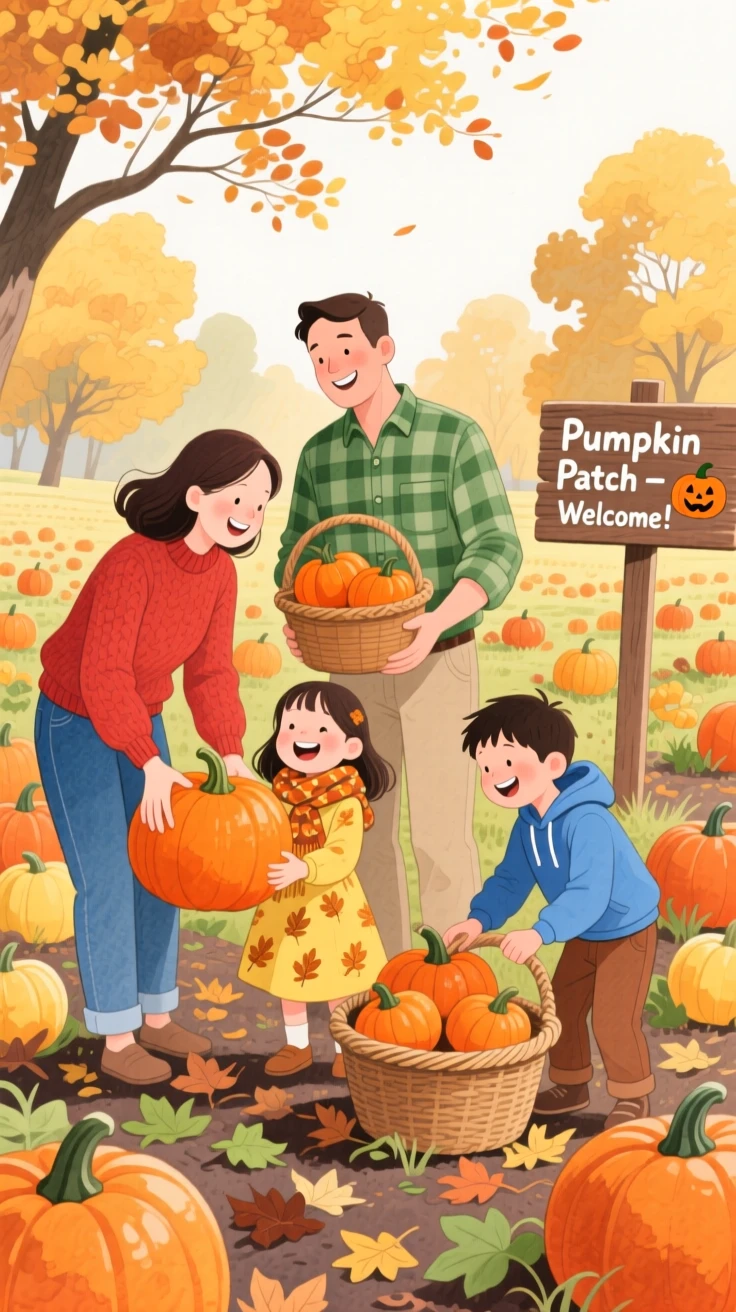 A family harvesting pumpkins together in autumn, full of warmth and laughter.
