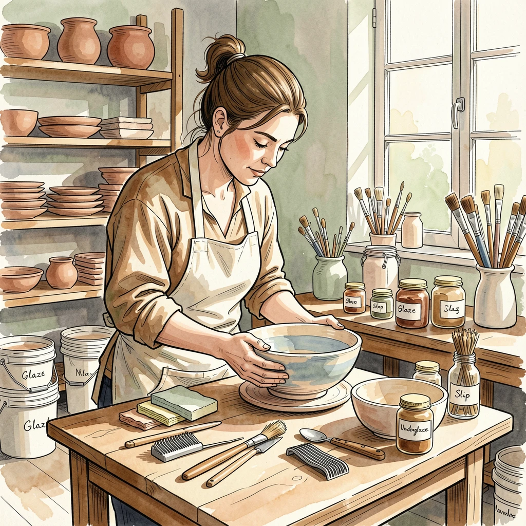 A ceramicist glazing a finished bowl in a sunlit studio, the setting filled with the tools and textures of the craft.