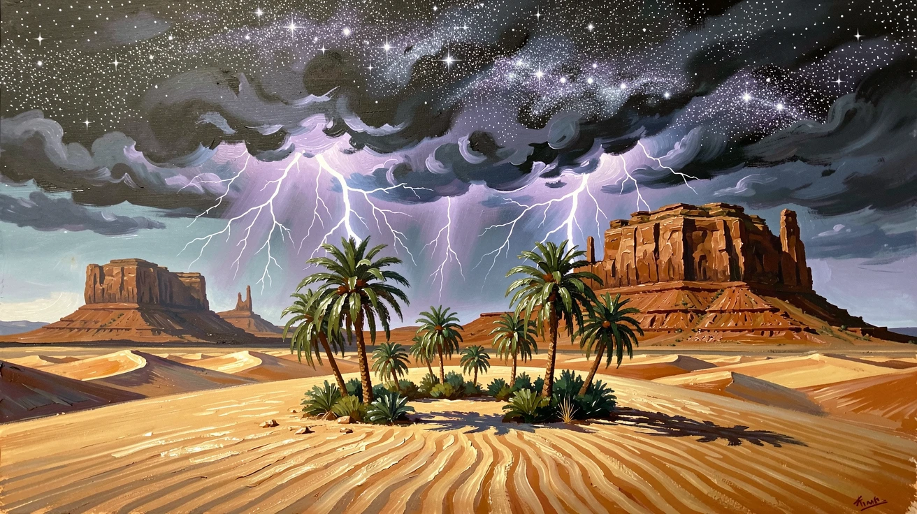 Beside a small desert oasis with palm trees, a vast expanse of rippled sand dunes, lightning flickering over distant mesas during a rare desert storm, under a brilliant canopy of desert stars.