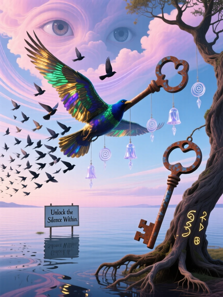 A flock of birds forming the shape of a giant flying key travels slowly across a horizon streaked with soft color, while distant chimes seem to echo with each small movement.