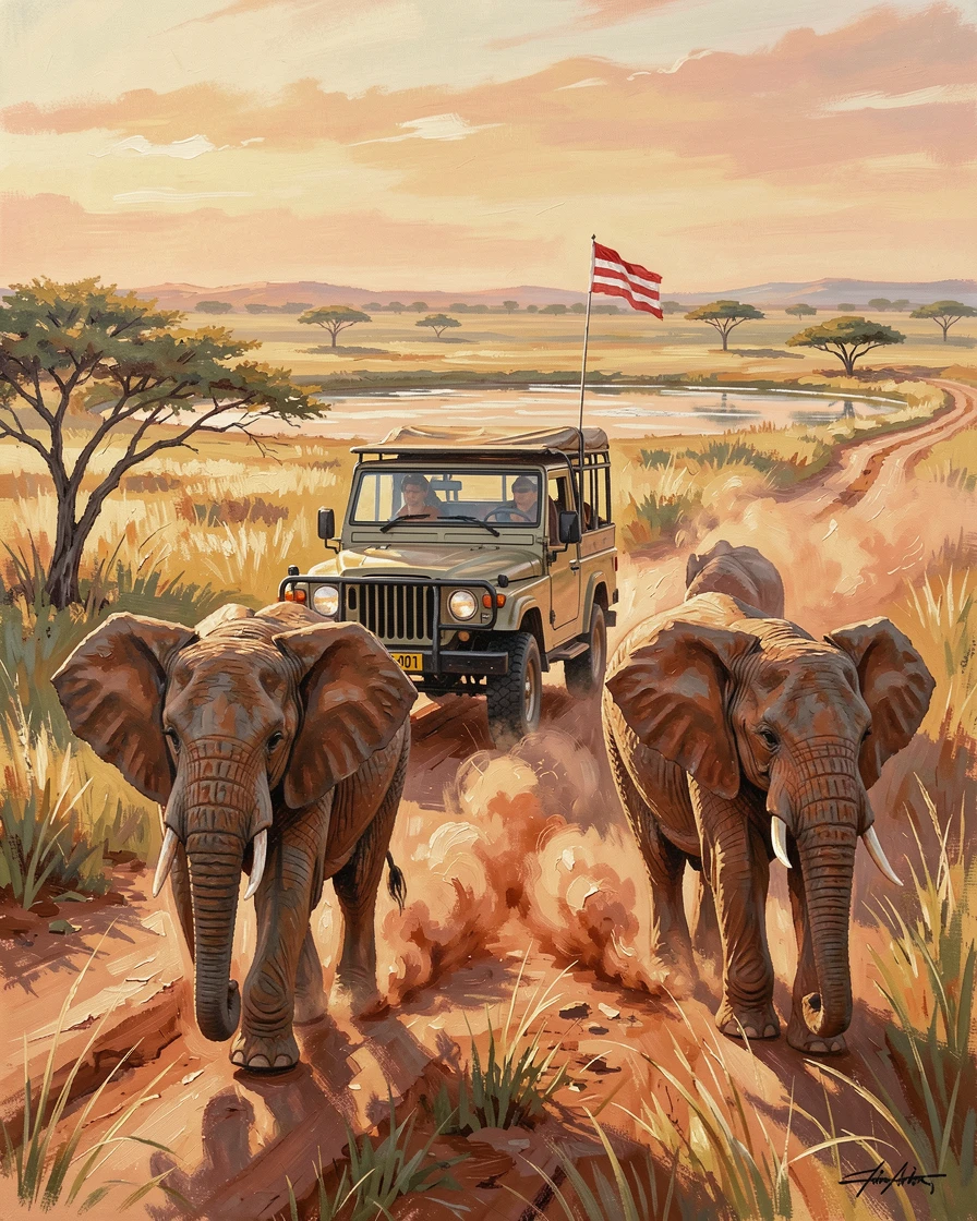 A safari jeep pauses on the African savanna as a herd of elephants crosses the dusty road at golden hour, the natural elements, whether wind, water, or snow, playing an active role in the scene.