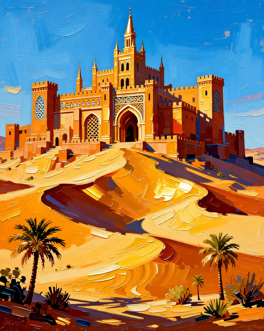 A desert kingdom of golden sand dunes topped with intricate sandstone palaces