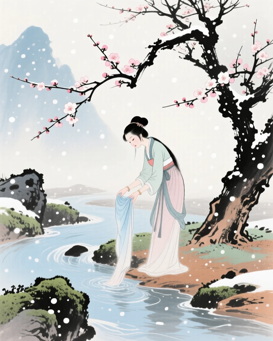 A woman washing silk in a clear mountain stream, beneath softly falling snow, as the last plum blossoms cling to bare branches.