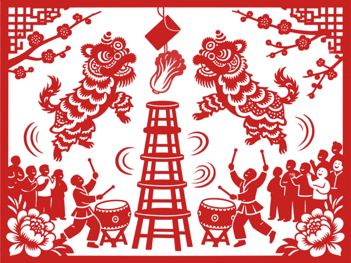 Two lion dancers leaping onto a tall stack of stools to grab a hanging cabbage and red envelope, drummers pounding below, a crowd of delighted onlookers pressing close