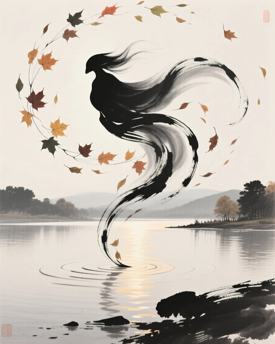 A wind spirit stirring autumn leaves into a spiral above a tranquil, glowing lake, captured mid-motion with flowing, graceful lines, carrying a sense of magic woven into the natural world.
