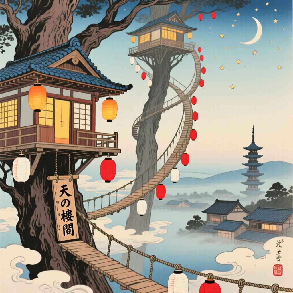 Treehouses connected by lantern-lit rope bridges, spiraling endlessly upward.