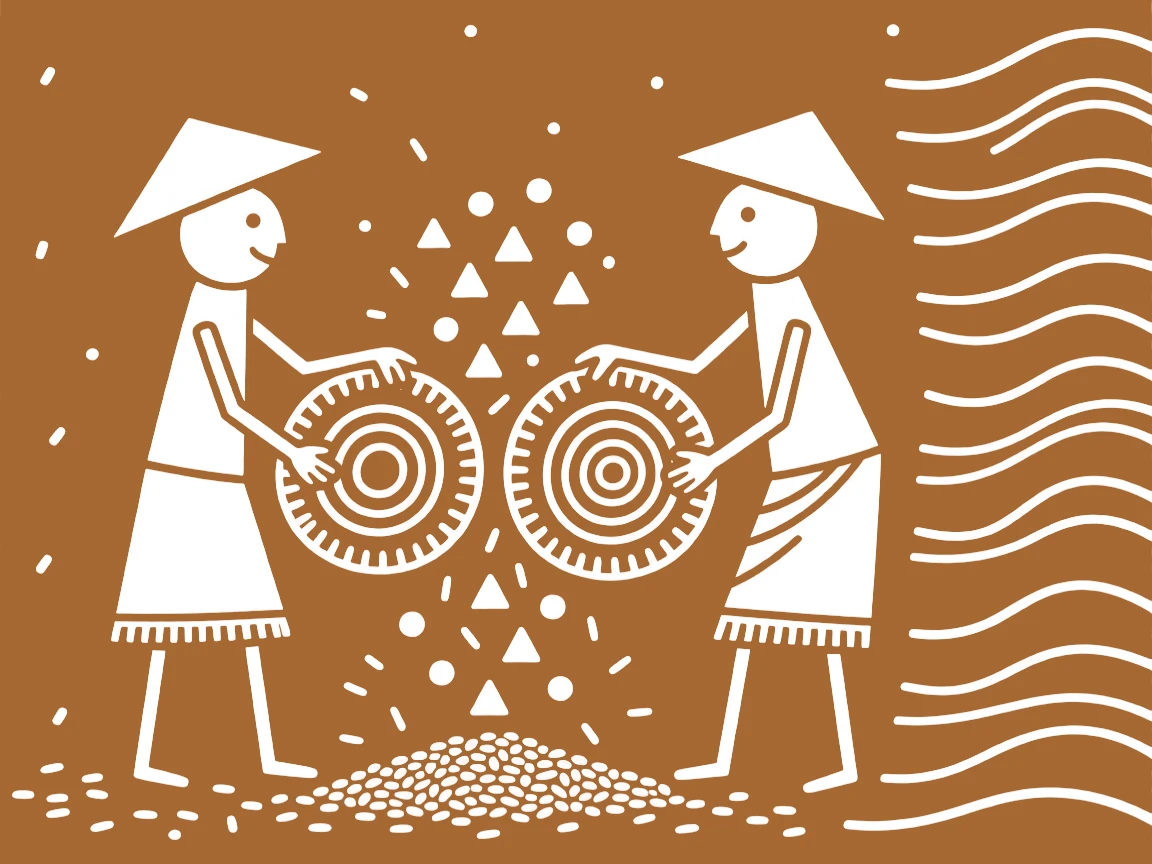 Two farmhands separating grain from chaff in the afternoon breeze.