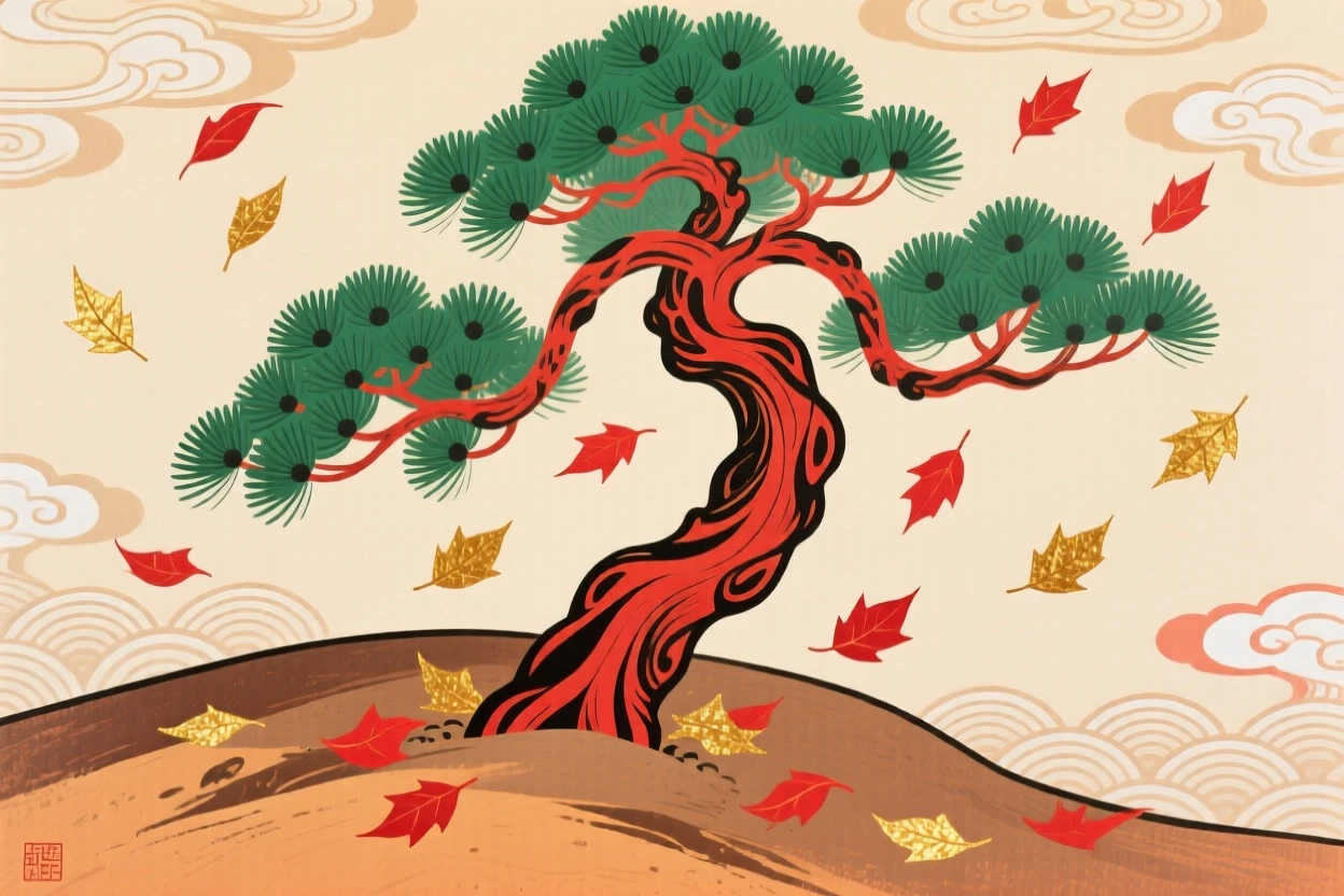 A lone pine tree on a ridge, as red and gold leaves fall gently to the ground.
